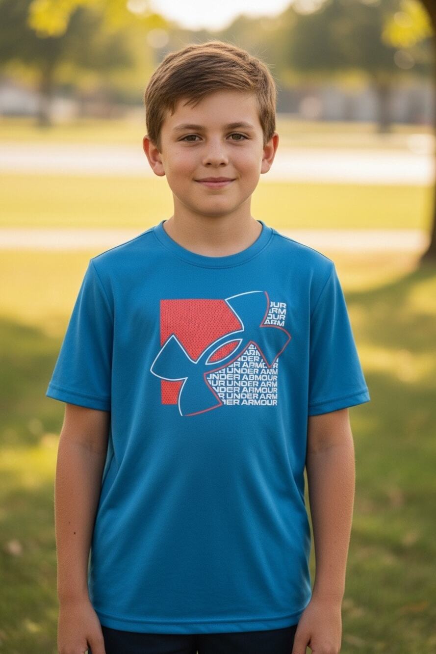 Under Armour Boys Size 7 Blue Short Sleeve Performance Athletic Shirt Logo